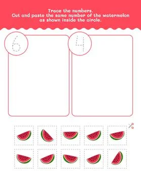 Six And Four Counting And Tracing Number Worksheet. Cut And Paste Worksheet.. Stock Illustration