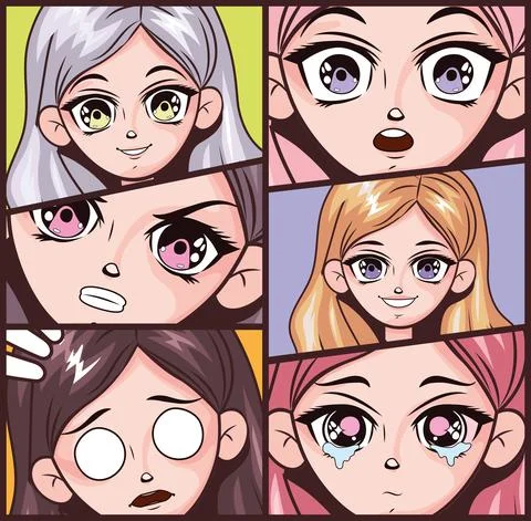 Six anime emotions faces Illustrazione stock