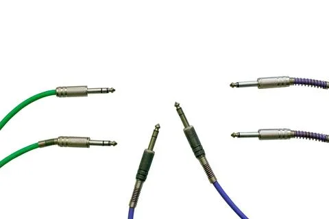 Six audio cables with jacks plug.Connection electric guitar,sound equipment Иллюстрация