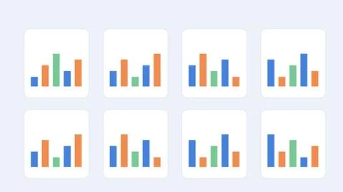 Six bar chart graphics with color-coded data trends on light background Stock Illustration