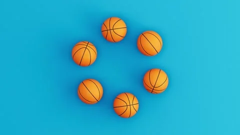 Six Basketball Balls Rolling in Circular Loop on Blue Background. Seamless 3D Stock Footage 339594091