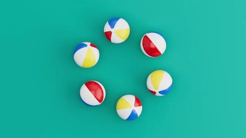 Six Beach Balls Rolling in Circular Loop on Blue Background. Seamless 3D Render Stock Footage 339594006