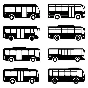 Six Black and White Bus in Different Styles transportation Stock Illustration