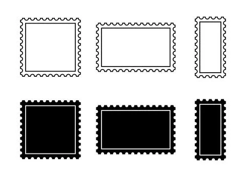 Six black and white postage stamp outlines and solid fills silhouette Stock Illustration
