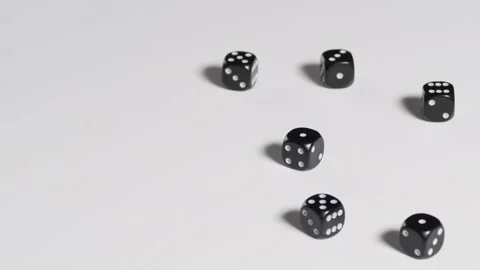 Six black dices rolling in slow motion Stockbeeldmateriaal 161035813