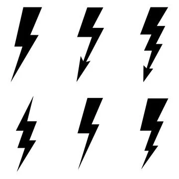 Six black lightning bolt on a white background thunderbolt electricity powe.. Stock Illustration