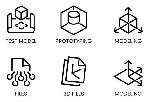 Six black line representing 3 D modeling and file concepts on white backgroun Stock Illustration