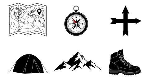 Six black map icons: compass, direction, tent, mountain, boot Stock Illustration