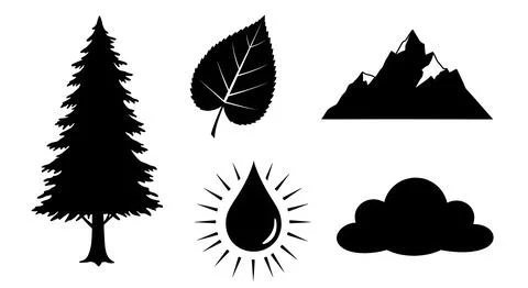 Six black nature icons: tree, leaf, mountain, droplet, sun, cloud Stock Illustration