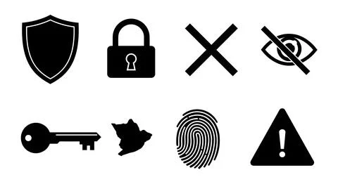 Six black security icons: shield, lock, eye, key, fingerprint, warning Stock Illustration