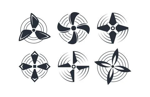 Six black stylized propellers rotating and creating circular waves 스톡 일러스트