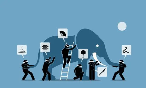 Six blind men touching an elephant. Vector illustrations depict six blindfold Stock Illustration
