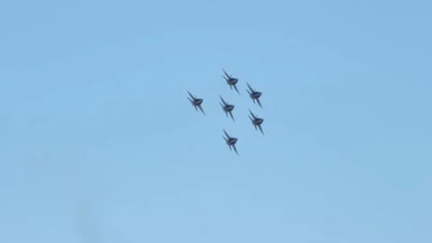 Six Blue Angels FA - 18A Fighter Jets Flys in Formation and Turn Video stock 160447495