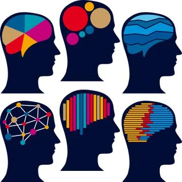 Six brain icons in flat and colored style. Stock Illustration
