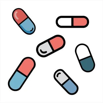 Six capsules in red and blue showing pharmacy and medical treatment concept Stock Illustration