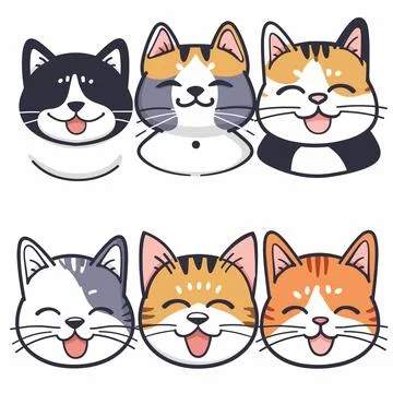 Six cartoon cat faces smiling various colors isolated white background. Happy 스톡 일러스트