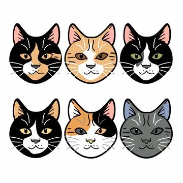 Six cartoon cat faces variety coat colors patterns. Domestic felines expressions Illustrazione stock