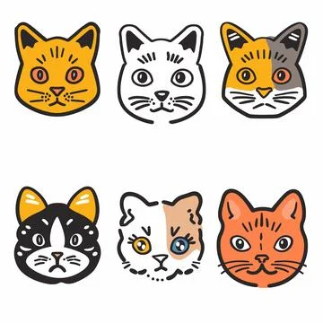 Six cartoon cat heads, different breeds colors, simple illustrations. Cute Stock Illustration