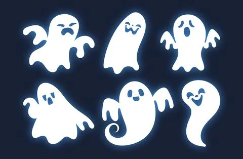 Six cartoon ghosts are floating and making different faces, from happy to scared Illustrazione stock