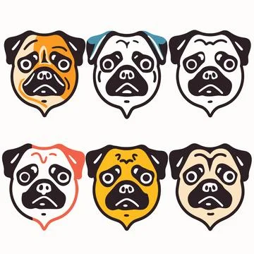 Six cartoon pug faces expressing different emotions, graphic design elements Stock Illustration