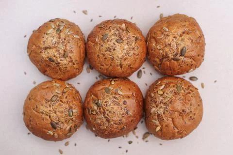 Six cereal, round bread Stock Photos