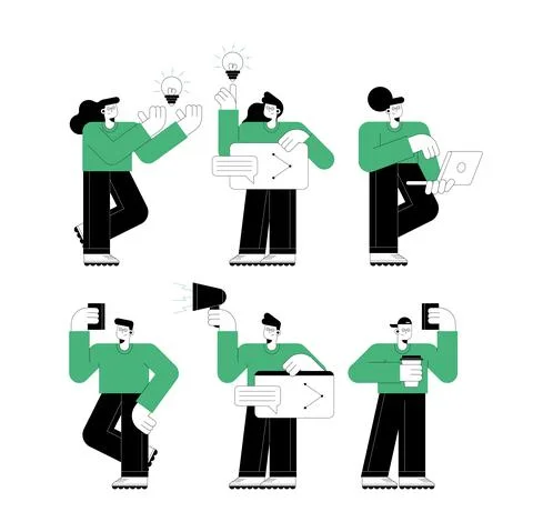 Six characters using technology 스톡 일러스트