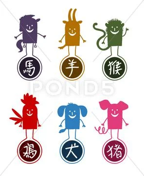 Six chinese zodiac cartoon signs Stock Illustration