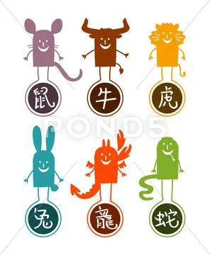 Six chinese zodiac cartoon signs Stock Illustration