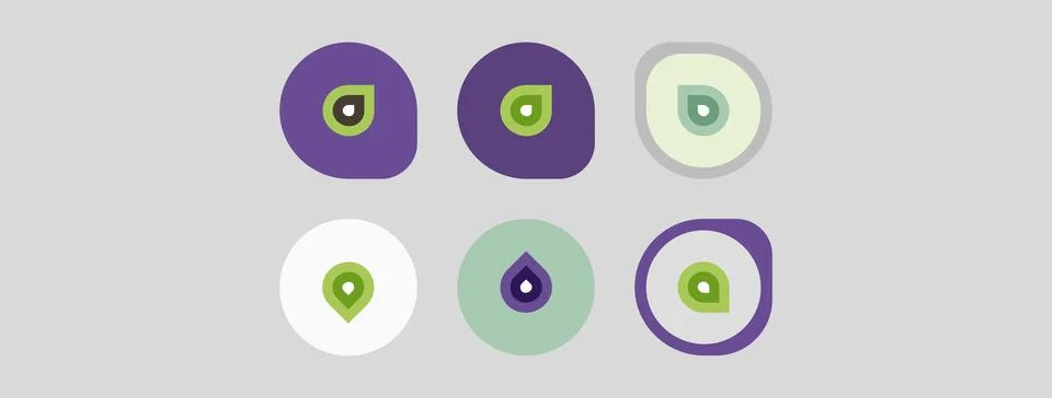 Six circular icons display various green symbols within purple, mint backgr.. Ilustración de archivo