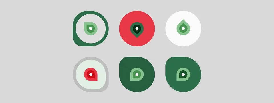 Six circular icons display various droplet symbols. Colors include green, red Illustrazione stock