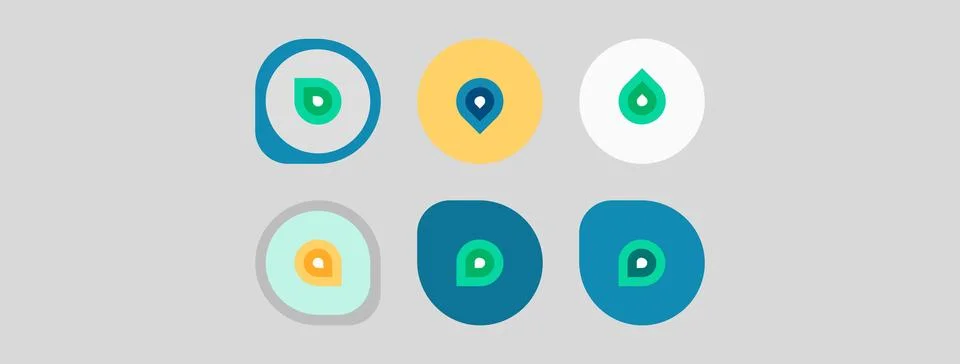 Six circular icons display various shapes, colors, plus droplet motifs. Desig Stock Illustration