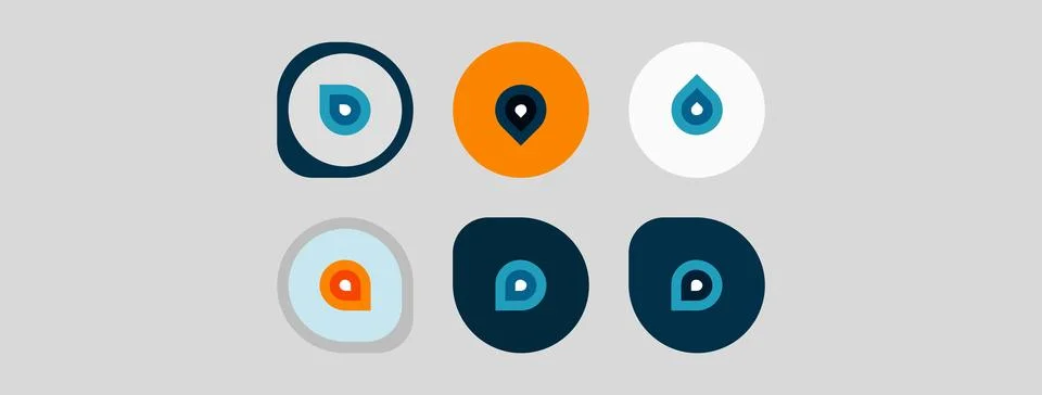 Six circular icons displayed. Each features distinct color schemes, shapes,.. 库存插图