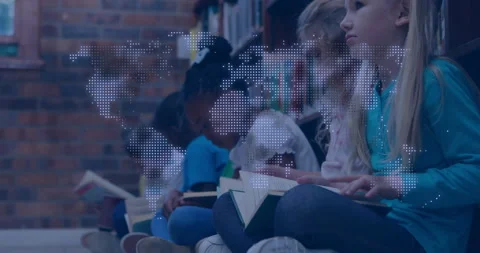 Six classmates reading in school library while world map overlay shifting right Stock Footage 312694105