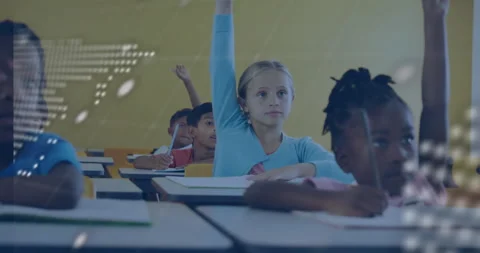 Six classmates sitting in class noticing world map and code overlays, raising Stock Footage 311140236