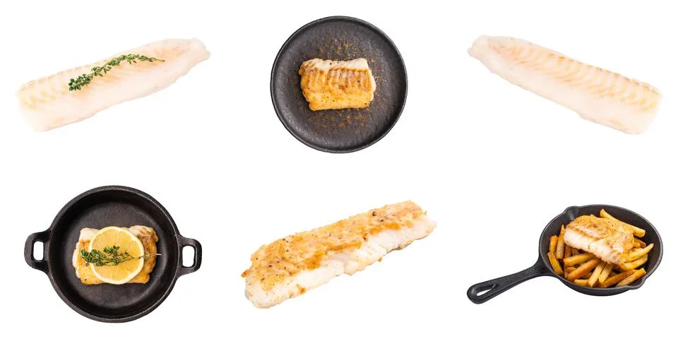 Six cod fish presentations comparing pale raw fillets and golden cooked por.. 스톡 사진