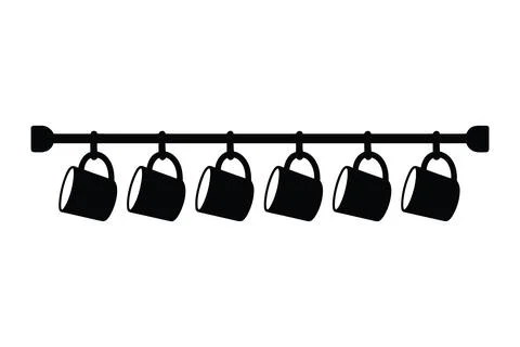 Six coffee cups hanging on wall rail hook vector illustration set Stock Illustration
