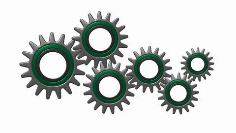 Six cogwheel interaction 3D isolated on white background, metal gear Illustrazione stock