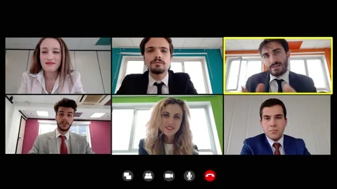 Six colleagues solve a job problem on video call Video stock 140388585