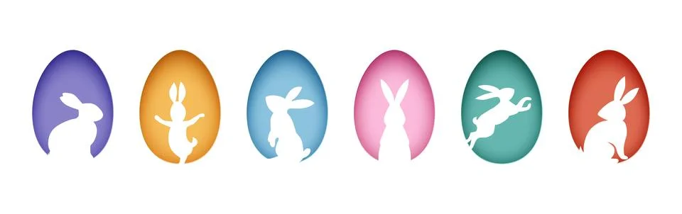 Six colored Easter eggs with white rabbit silhouettes on white background Stock Illustration
