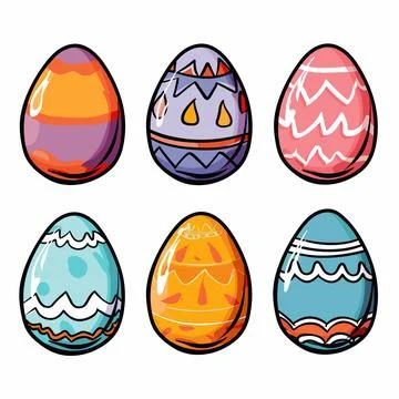 Six colorful Easter eggs decorated various patterns designs. Vibrant Easter eggs Stock Illustration