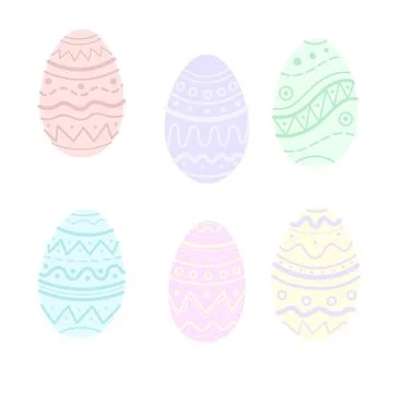 Six colorful Easter eggs with multiple pattern isolated on white background Illustrazione stock