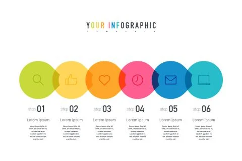 Six colorful elements, thin line pictograms, pointers and text Stock Illustration