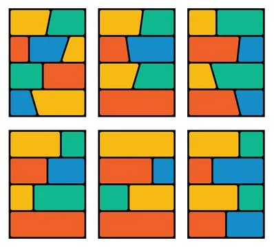 Six colorful geometric patterns feature rectangles and squares with rounded.. Illustrazione stock