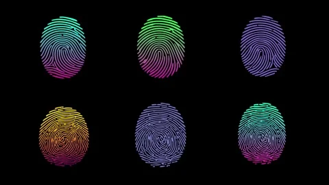 Six colorful human fingerprints pattern on a dark black background Stock Footage 329904769
