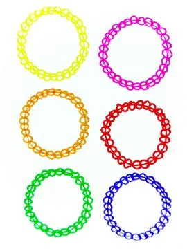 Six Colorful Neon Ring Frames Intertwined Loops Layout Grid. Stock-Illustration