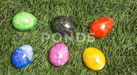 Six colourful eggs lay on green grass. Stock Photos