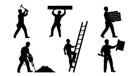 Six Construction Worker Action Silhouettes Stock Illustration