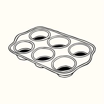A six cup muffin or cupcake baking pan is drawn in a minimalist line art style Stock Illustration