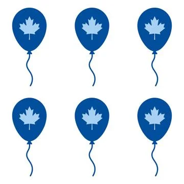 Six dark blue balloons with light blue maple leaf symbols and strings arran.. Stock Illustration