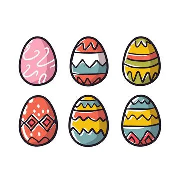 Six decorated Easter eggs colorful patterns isolated white background. Cartoon イラスト素材